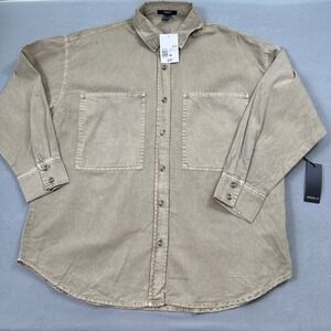 NWT Forever 21 Shirt Womens M Khaki Woven Button Up Chest Pockets Long Sleeve
